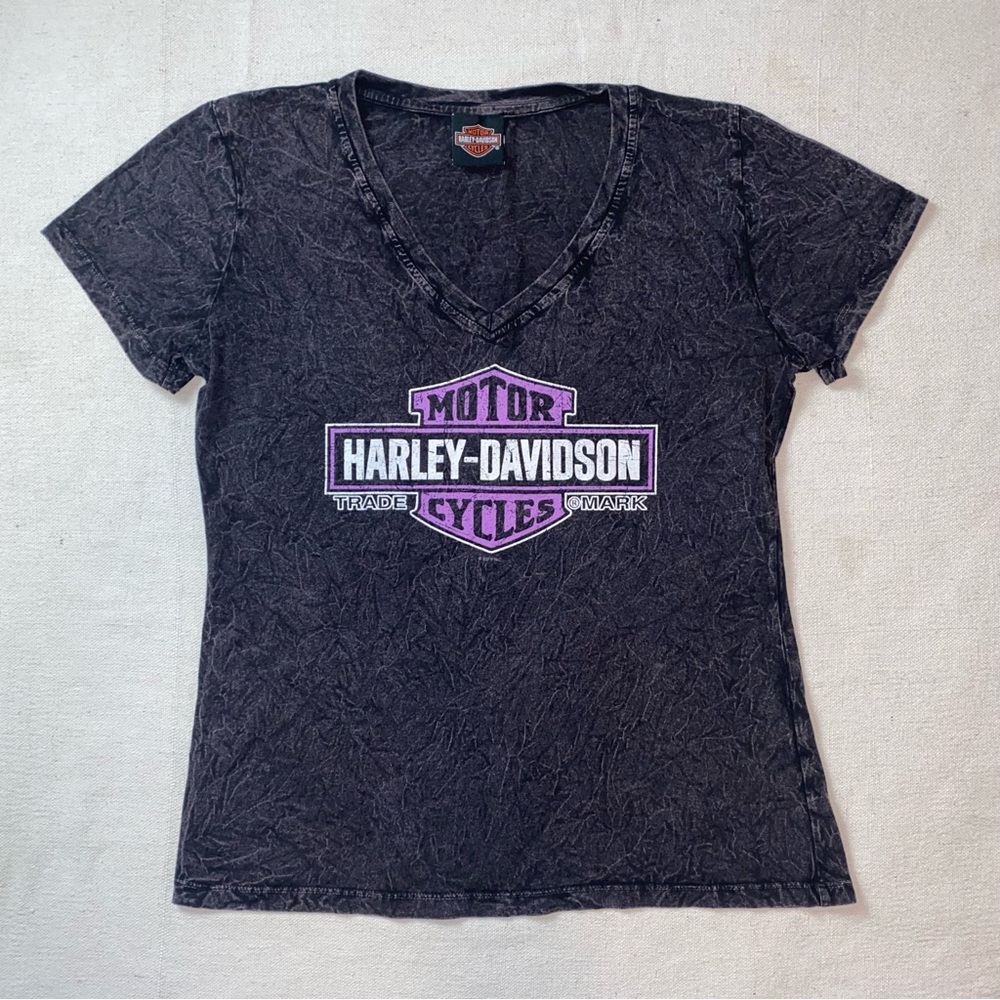 Harley-Davidson Women's Crinkle Black Tee with Purple Logo